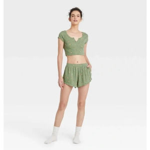 Set of Colsie Floral Pointelle Floral Sage Knit Crop Top and Short Lounge Wear
